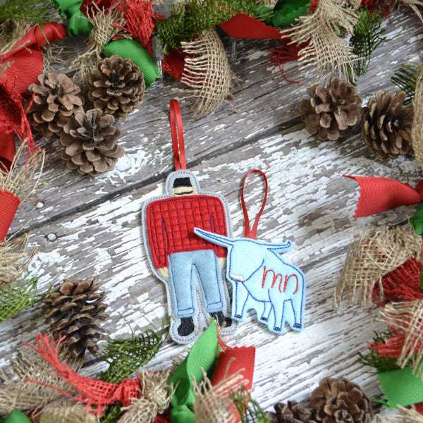 NEW! Lumberjack and Blue Ox Felt Ornament - Paul Bunyan and Babe the Blue Ox