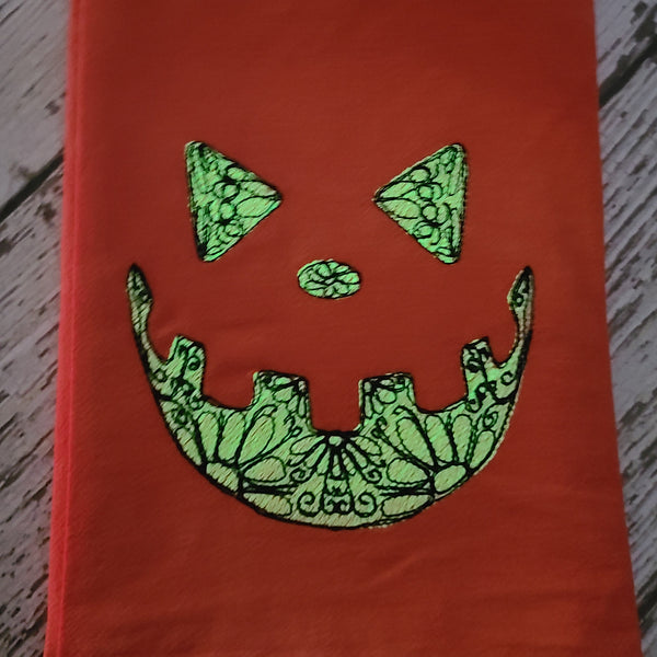 Glow in Dark Jack-O-Lantern Tea Towel, Hand Dyed Orange Marble Towel