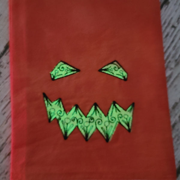 Glow in Dark Jack-O-Lantern Tea Towel, Hand Dyed Orange Marble Towel