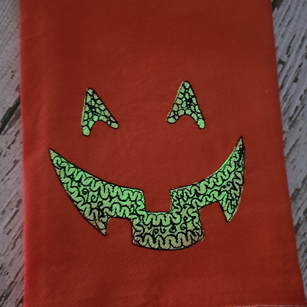 Glow in Dark Jack-O-Lantern Tea Towel, Hand Dyed Orange Marble Towel