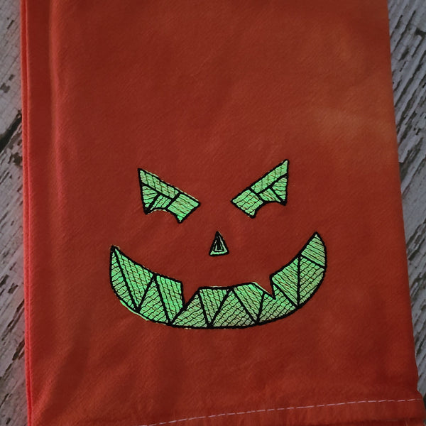 Glow in Dark Jack-O-Lantern Tea Towel, Hand Dyed Orange Marble Towel