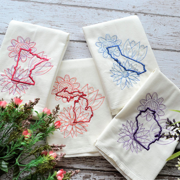 Spring Flowers - State Tea Towel - All 50 States (Blue or Purple)
