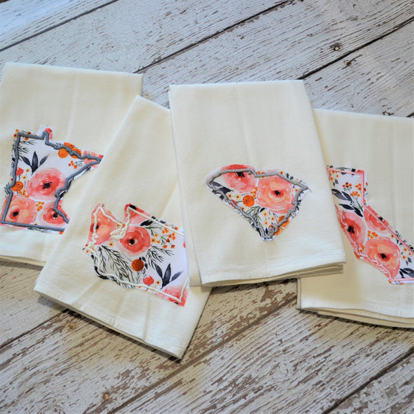 Winter Rose Floral State 30x30 Tea Towel - All 50 States Available