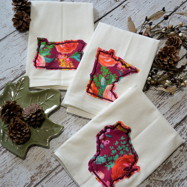 Fall Burgundy Floral State 30x30 Tea Towel - All 50 States Available