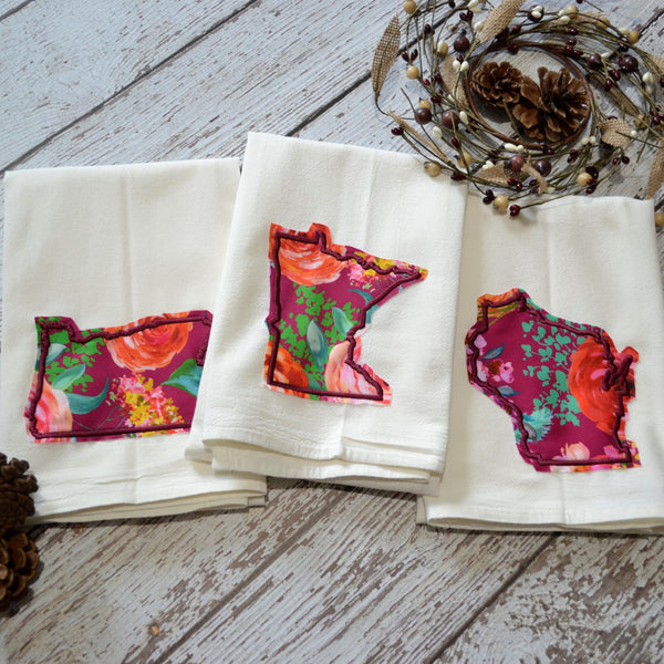 Fall Burgundy Floral State 30x30 Tea Towel - All 50 States Available