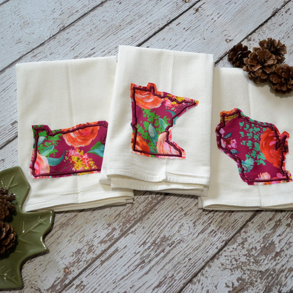 Fall Burgundy Floral State 30x30 Tea Towel - All 50 States Available