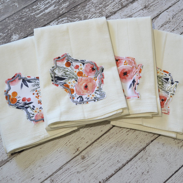 Winter Rose Floral State 30x30 Tea Towel - All 50 States Available