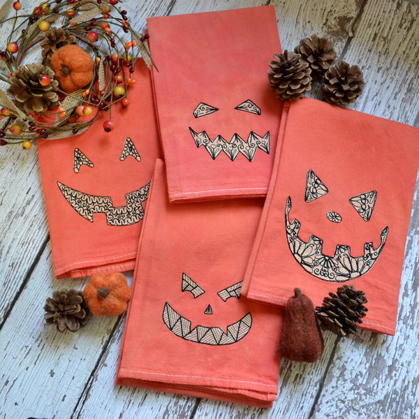 Glow in Dark Jack-O-Lantern Tea Towel, Hand Dyed Orange Marble Towel