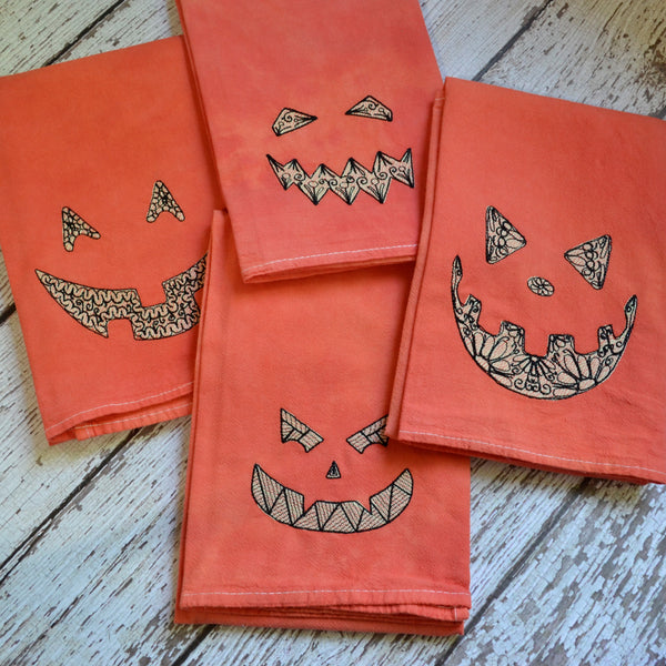 Glow in Dark Jack-O-Lantern Tea Towel, Hand Dyed Orange Marble Towel