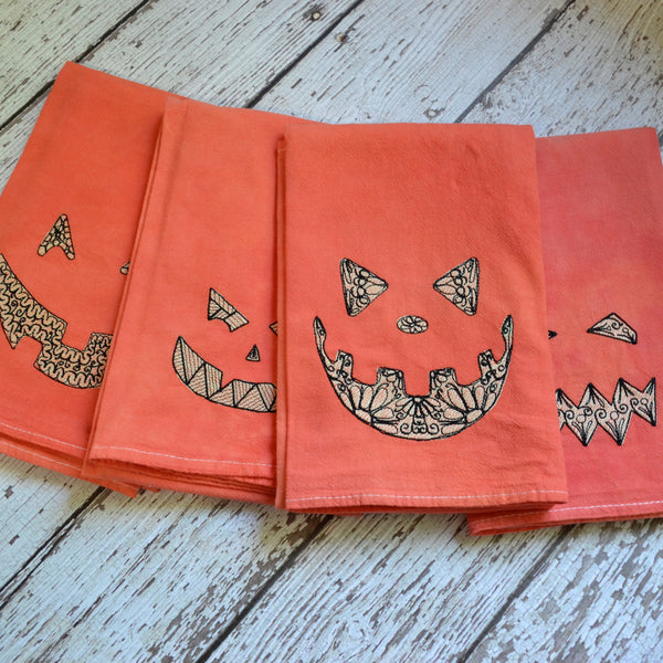 Glow in Dark Jack-O-Lantern Tea Towel, Hand Dyed Orange Marble Towel