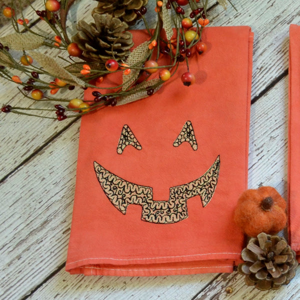 Glow in Dark Jack-O-Lantern Tea Towel, Hand Dyed Orange Marble Towel
