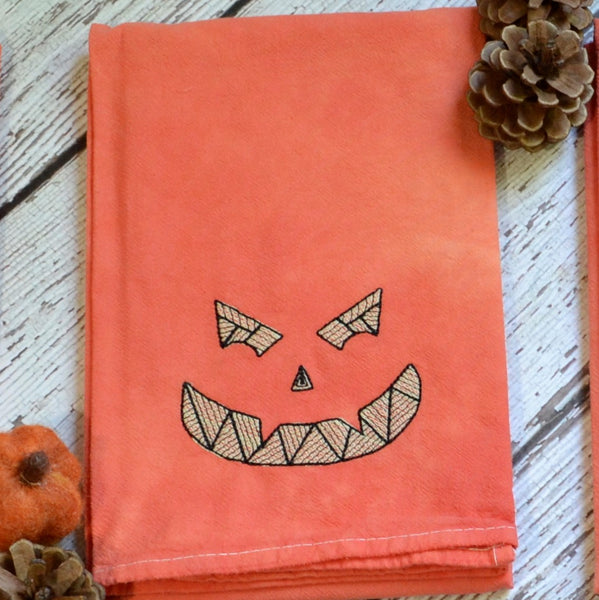 Glow in Dark Jack-O-Lantern Tea Towel, Hand Dyed Orange Marble Towel