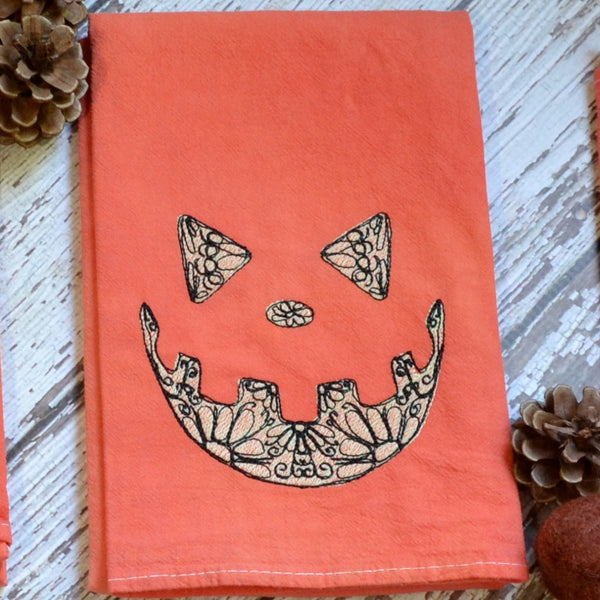 Glow in Dark Jack-O-Lantern Tea Towel, Hand Dyed Orange Marble Towel