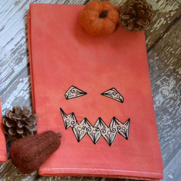 Glow in Dark Jack-O-Lantern Tea Towel, Hand Dyed Orange Marble Towel