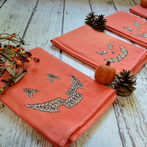 Glow in Dark Jack-O-Lantern Tea Towel, Hand Dyed Orange Marble Towel