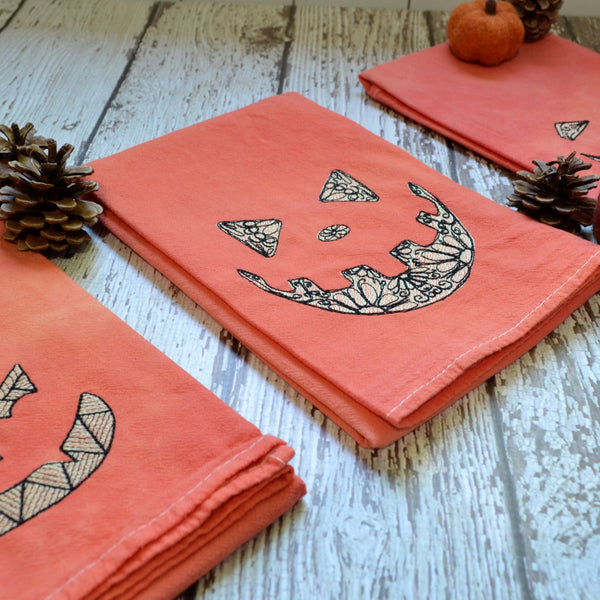 Glow in Dark Jack-O-Lantern Tea Towel, Hand Dyed Orange Marble Towel