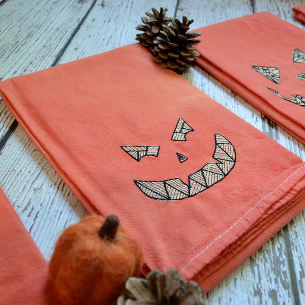 Glow in Dark Jack-O-Lantern Tea Towel, Hand Dyed Orange Marble Towel