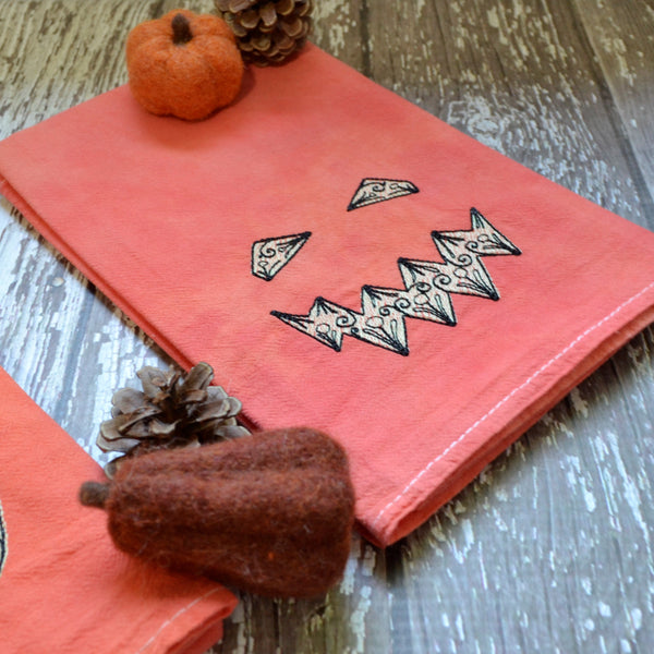 Glow in Dark Jack-O-Lantern Tea Towel, Hand Dyed Orange Marble Towel
