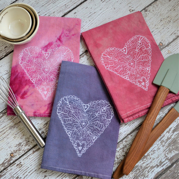 NEW! Lace Heart Hand Dyed Tea Towel - Valentine's Day