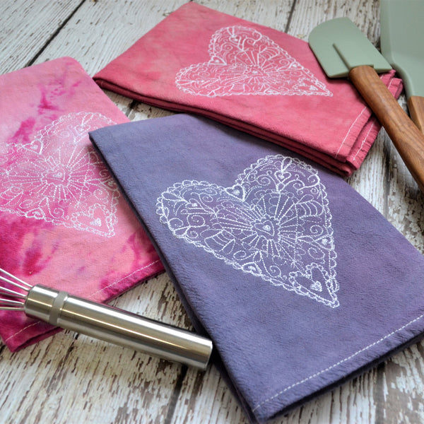 NEW! Lace Heart Hand Dyed Tea Towel - Valentine's Day