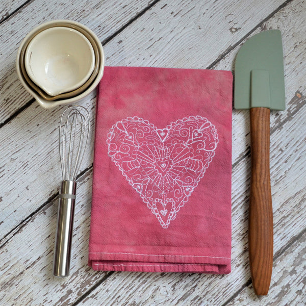 NEW! Lace Heart Hand Dyed Tea Towel - Valentine's Day