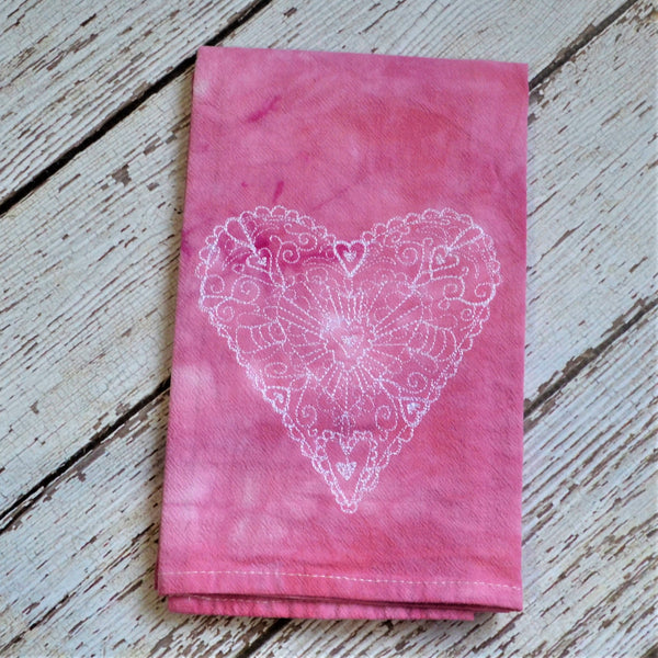 NEW! Lace Heart Hand Dyed Tea Towel - Valentine's Day