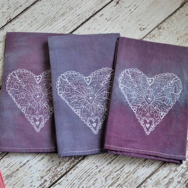 NEW! Lace Heart Hand Dyed Tea Towel - Valentine's Day