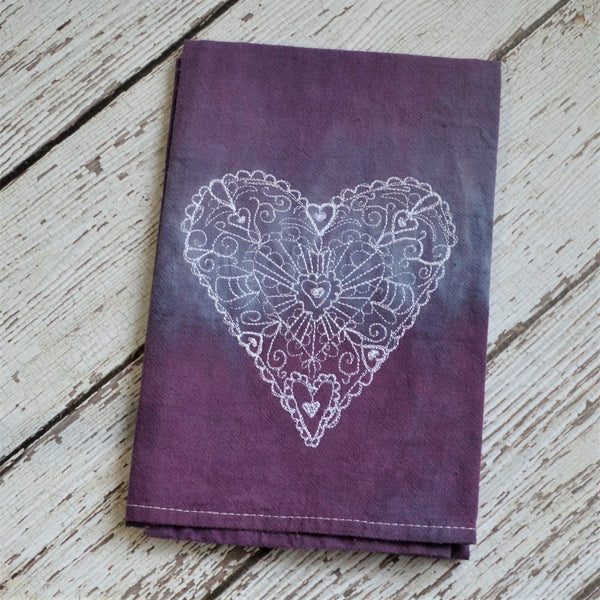 NEW! Lace Heart Hand Dyed Tea Towel - Valentine's Day