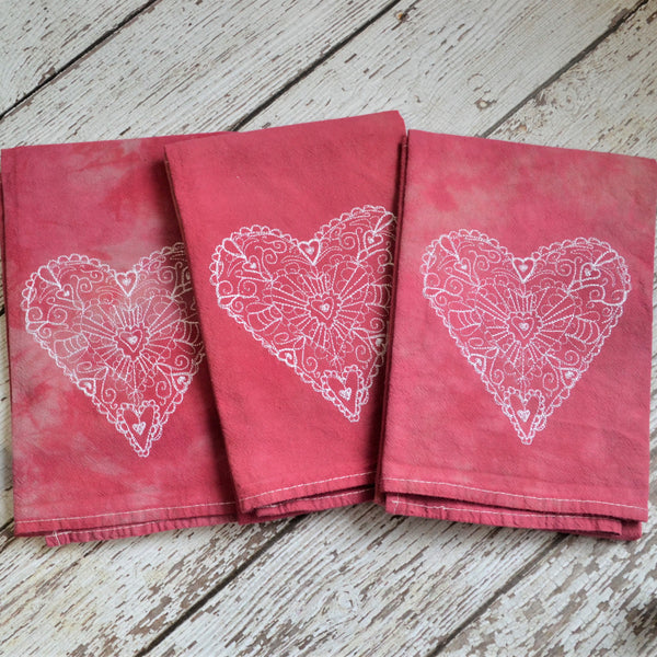 NEW! Lace Heart Hand Dyed Tea Towel - Valentine's Day