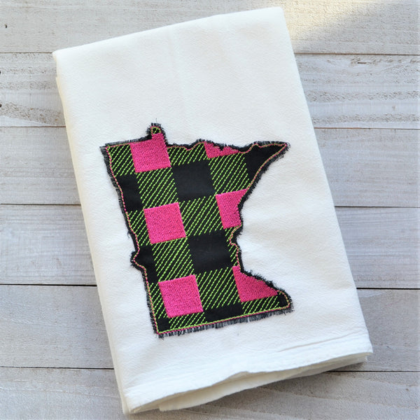 State Plaid Tea Towel - Embroidered Plaid - NEON (PINK & GREEN ON BLACK)