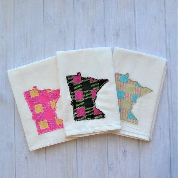 State Plaid Tea Towel - Embroidered Plaid - SUMMER (PURPLE & YELLOW ON PINK)