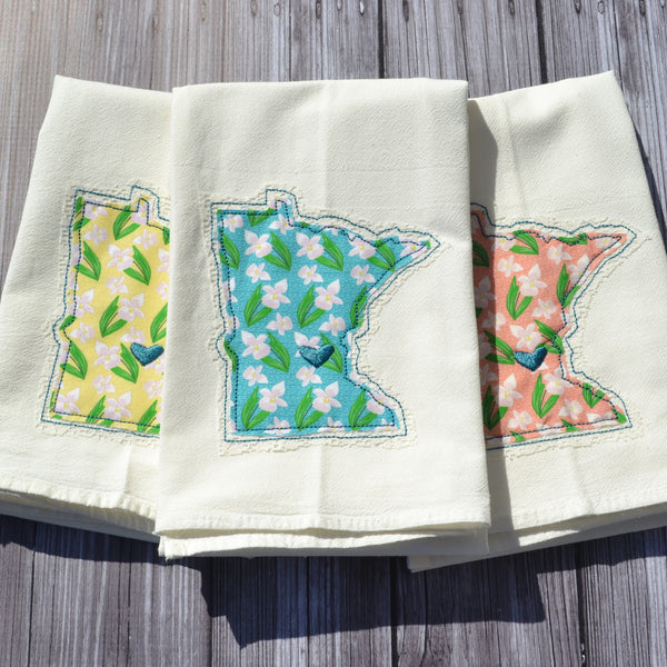I Love Minnesota Tea Towel - Lady Slipper - Teal, Pink or Yellow with Lace Applique