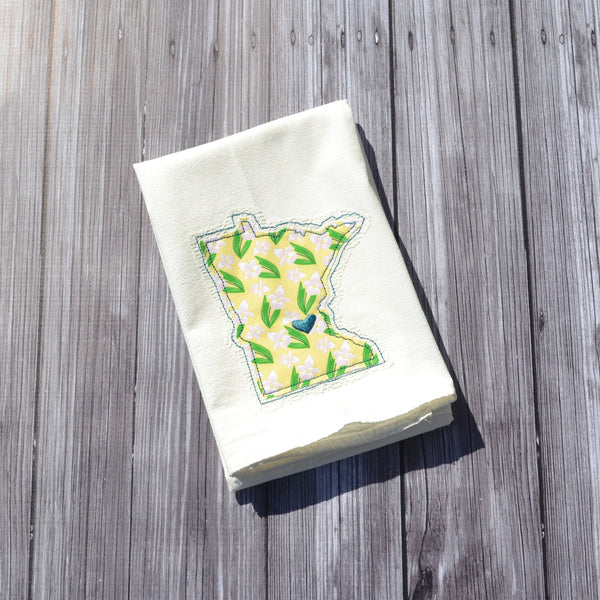 I Love Minnesota Tea Towel - Lady Slipper - Teal, Pink or Yellow with Lace Applique