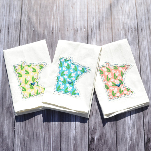 I Love Minnesota Tea Towel - Lady Slipper - Teal, Pink or Yellow with Lace Applique