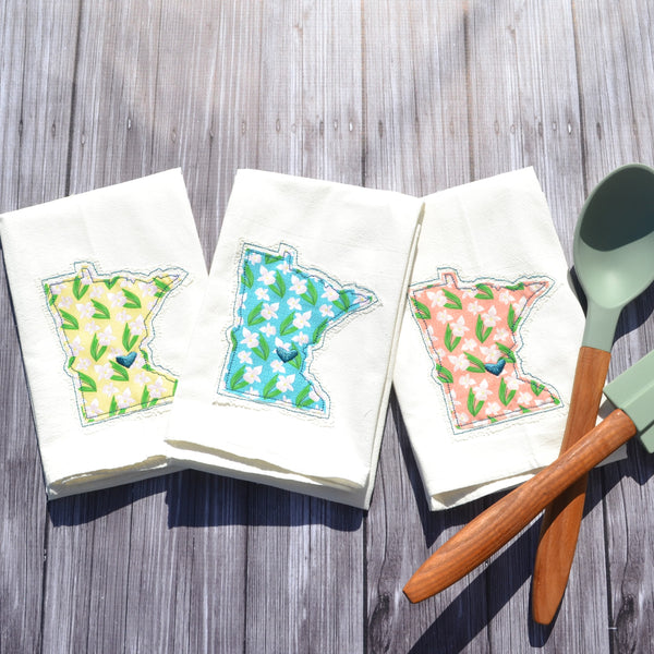 I Love Minnesota Tea Towel - Lady Slipper - Teal, Pink or Yellow with Lace Applique