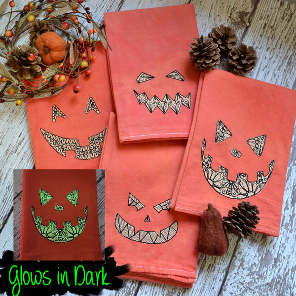 Glow in Dark Jack-O-Lantern Tea Towel, Hand Dyed Orange Marble Towel
