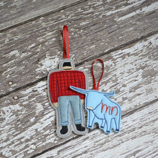 Lumberjack and Blue Ox Felt Ornament - Paul Bunyan and Babe the Blue Ox