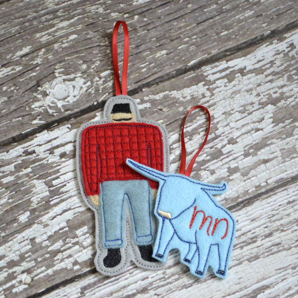 Lumberjack and Blue Ox Felt Ornament - Paul Bunyan and Babe the Blue Ox