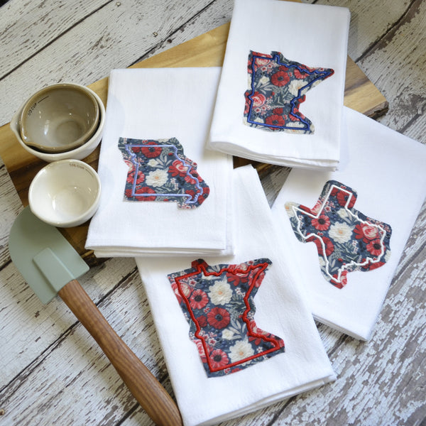 Red White and Blue Floral State Tea Towel - All 50 States Available