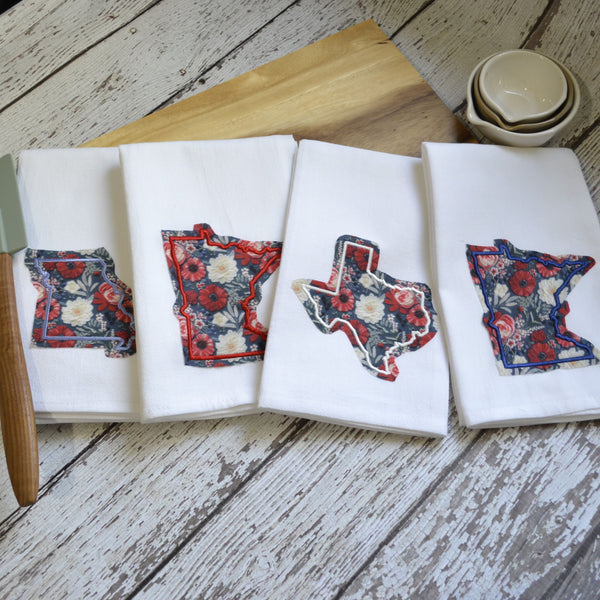 Red White and Blue Floral State Tea Towel - All 50 States Available