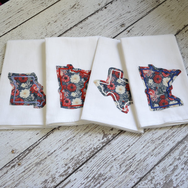 Red White and Blue Floral State Tea Towel - All 50 States Available
