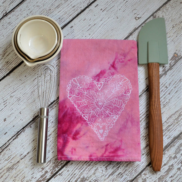 NEW! Lace Heart Hand Dyed Tea Towel - Valentine's Day