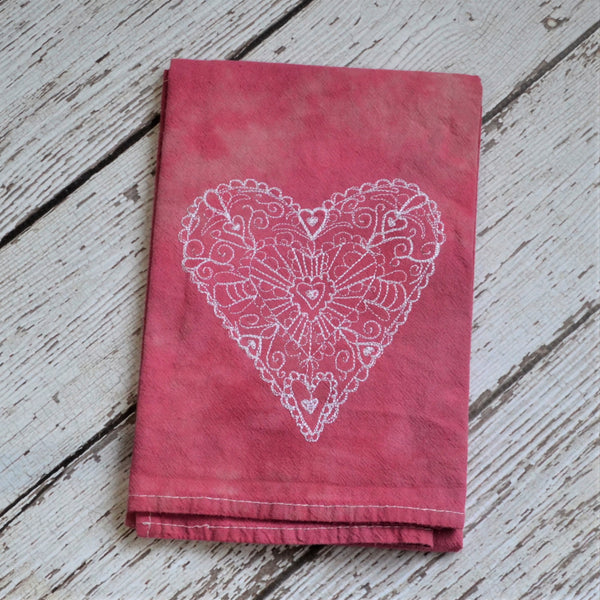 NEW! Lace Heart Hand Dyed Tea Towel - Valentine's Day