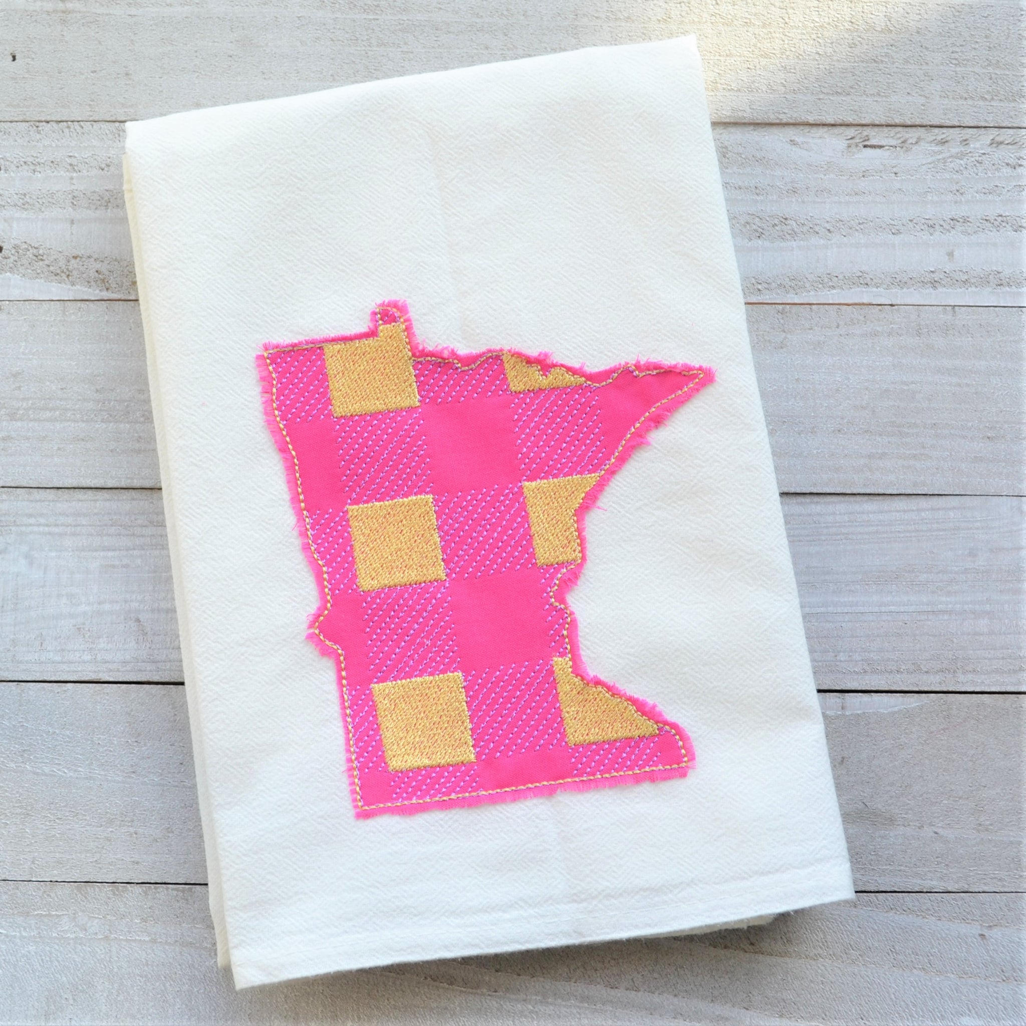 State Plaid Tea Towel - Embroidered Plaid - SUMMER (PURPLE & YELLOW ON PINK)