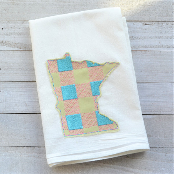 State Plaid Tea Towel - Embroidered Plaid - SPRING (PINK & BLUE ON GREEN)