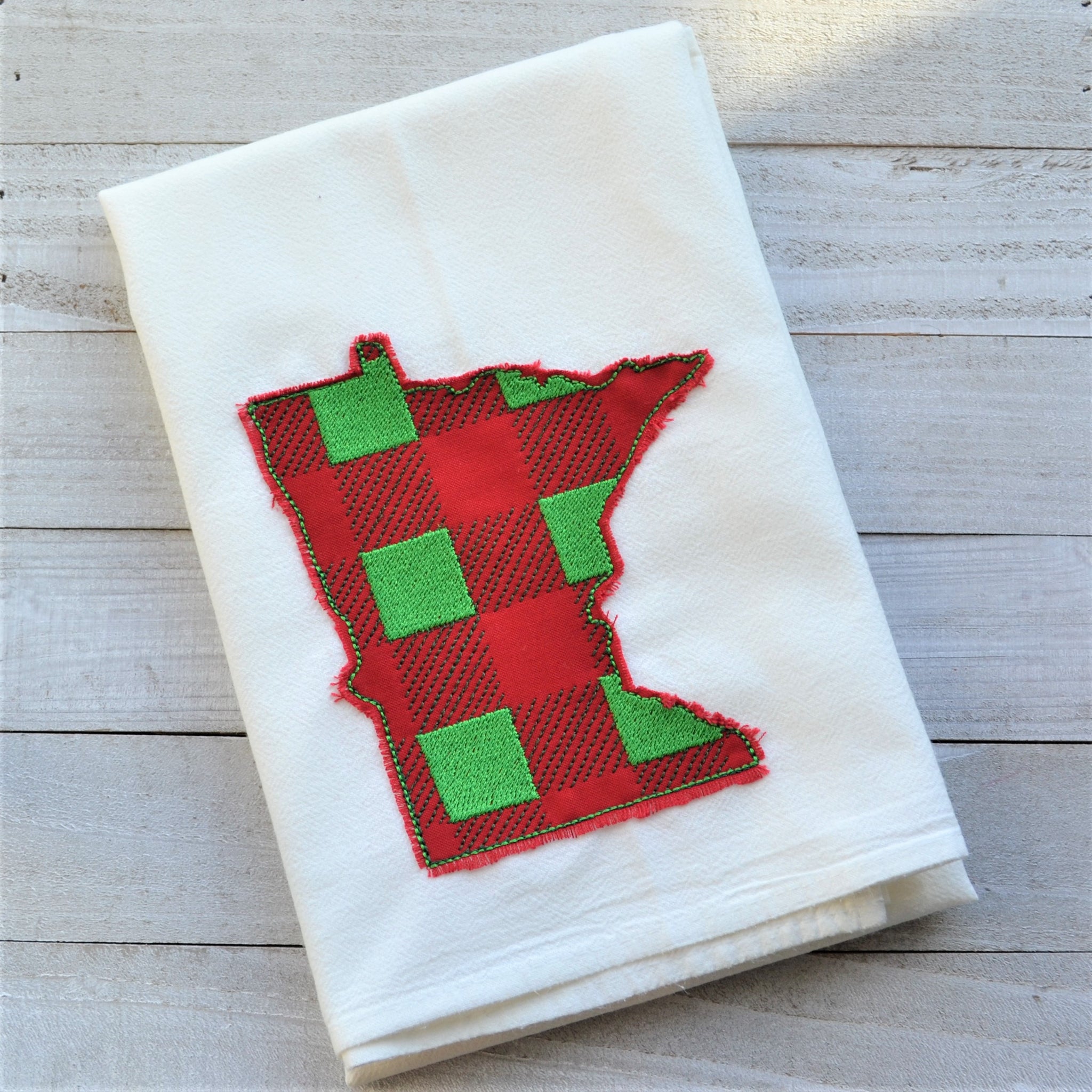 State Plaid Tea Towel - Embroidered Plaid - CHRISTMAS (GREEN ON RED)