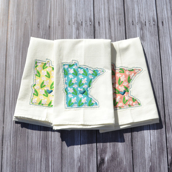 I Love Minnesota Tea Towel - Lady Slipper - Teal, Pink or Yellow with Lace Applique