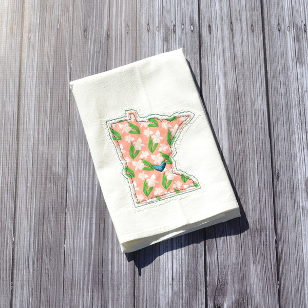 I Love Minnesota Tea Towel - Lady Slipper - Teal, Pink or Yellow with Lace Applique