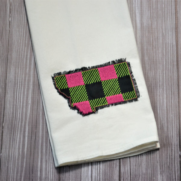 State Plaid Tea Towel - Embroidered Plaid - NEON (PINK & GREEN ON BLACK)