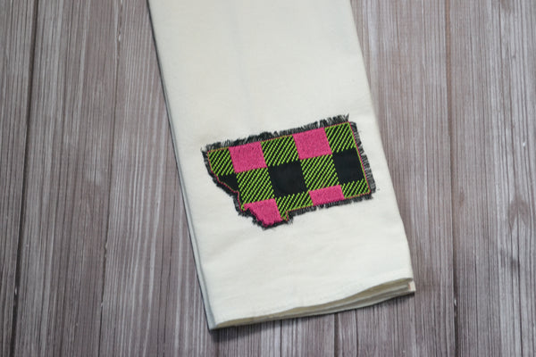 State Plaid Tea Towel - Embroidered Plaid - NEON (PINK & GREEN ON BLACK)
